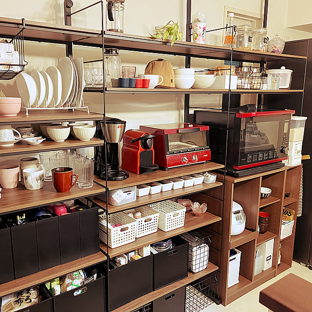 ダークブラウンの家具,NESPRESSO♡,ニトリ　Nポルダ,ダークブラウン✖️黒,AQUA冷蔵庫,カラーボックス DIY,Kitchen reotan1206の部屋