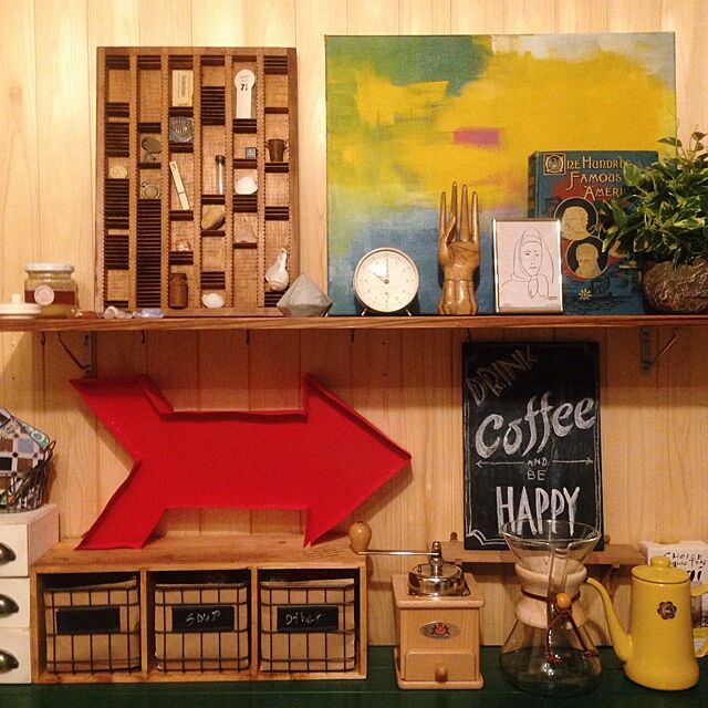 My Shelf,矢印,DIY,プリンターズトレイ,海外インテリアに憧れる,アート,ハンドオブジェ,アンティーク,ごちゃごちゃ,アンティークの時計,黒板,セリア growの部屋
