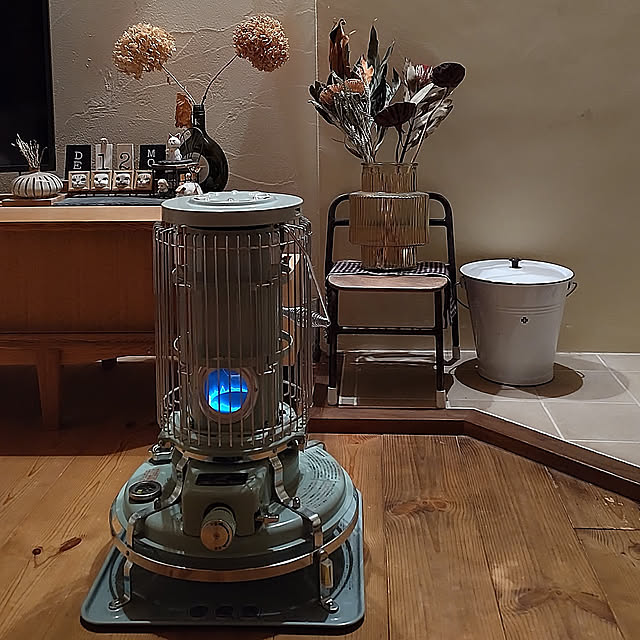 Lounge,わが家の暖房器具・ストーブ,インスタ→view.s_style,タナクリームの壁,木の家,木が好き,タナクリーム,新築,木のある暮らし,フラワーベース,一輪挿し,ディスプレイ,アラジンストーブ,アラジン,灯油ストーブ,ガラスのフラワーベース,無垢の床,無垢の家,ドライフラワー,ドライフラワーのある暮らし t.yumiの部屋