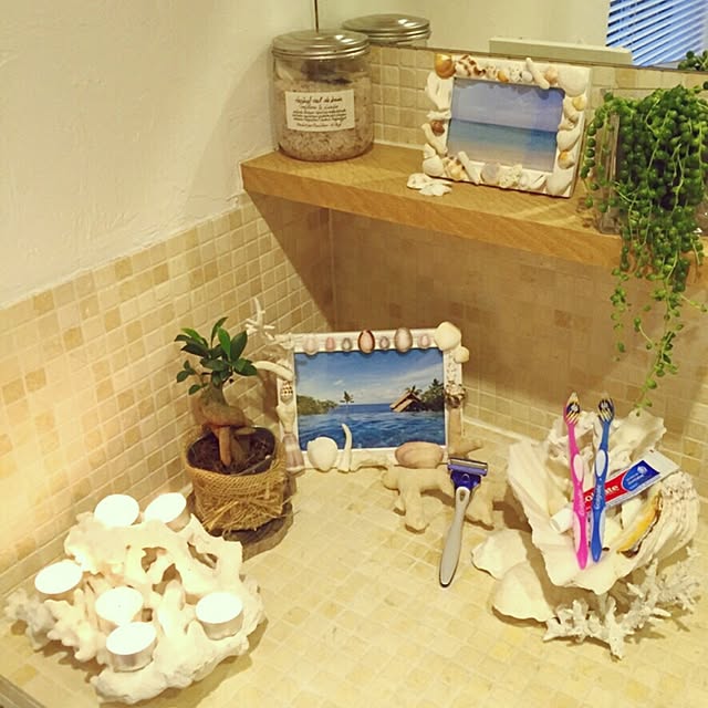 Bathroom,拾った珊瑚,拾った貝殻,うみがすき❤︎,キャンドル,ハンドメイド,観葉植物,100均,ナチュラル,DIY miyuの部屋