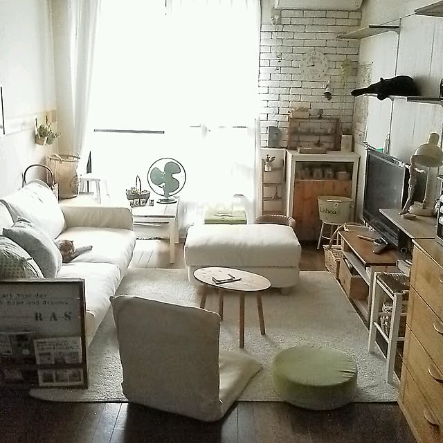 Overview,ねこのいる日常,レトロな扇風機,DIYだらけ笑,DIYマガジンラック,DIYテレビ台,棚DIY,板壁ＤＩＹ,DIYキャビネット,DIYブリックレンガ,無印のソファー,ベニヤ板壁 mikiの部屋