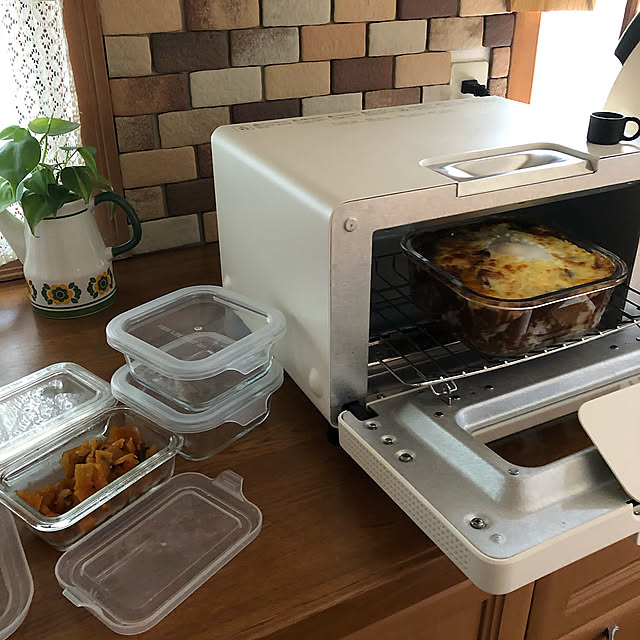 今日のお昼ごはん,耐熱ガラス容器,ダイソー,バルミューダ トースター,キッチン背面カウンター,キッチンツール,かるかるブリック,Kitchen ikubooの部屋