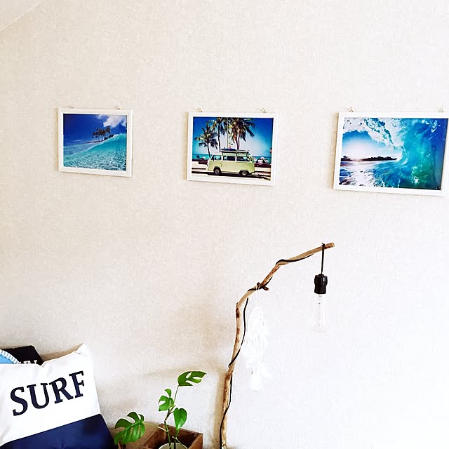 Bedroom,エジソンバルブ,流木ランプ,流木,西海岸風,西海岸インテリア,西海岸,海の写真,DIY,グリーン,インテリア,木材,観葉植物,照明,ニトリ SEIMI_07の部屋