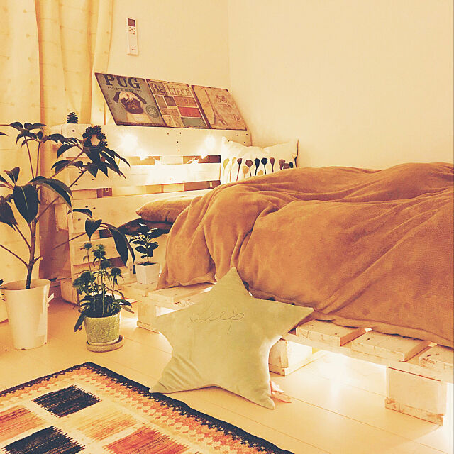 Bedroom,間接照明,観葉植物,DIY,モノ集め,一人暮らし,3COINS kidsnokidsの部屋