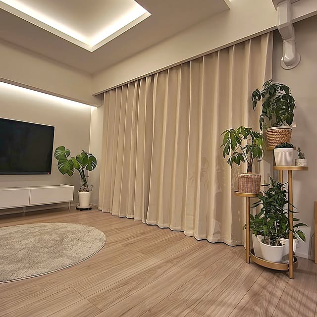 Lounge,明かりを楽しむ,リノベーション,フルリノベーション,中古マンション,ナチュラルインテリア,北欧モダン,マンション,すっきり暮らしたい,マンション暮らし,築古マンション,観葉植物,グリーン,カーテン,ニトリのカーテン,間接照明,ベージュインテリア,シンプルインテリア,春 pinonの部屋