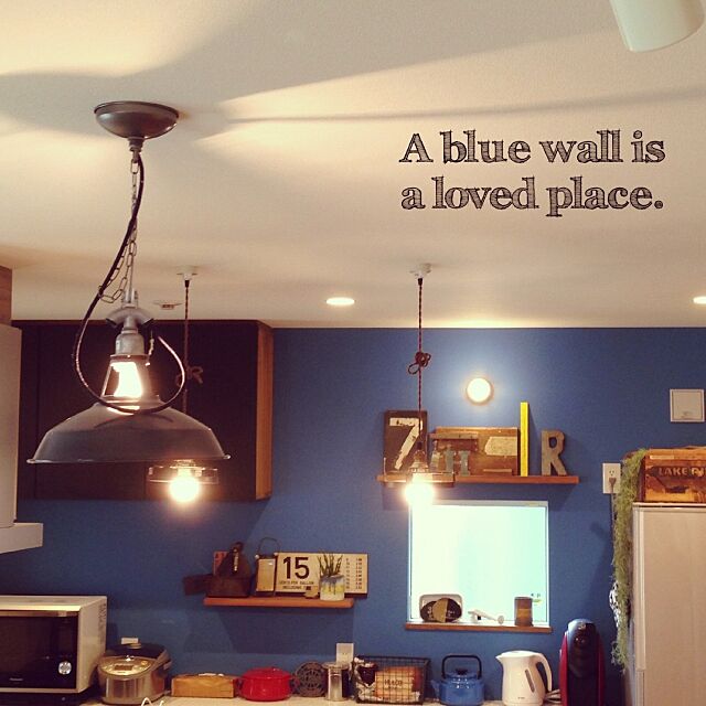 Kitchen,ブルーの壁,照明,ヴィンテージ,男前,RC愛知,塩系インテリアの会,日本住建,カフェ風 oldwoodの部屋