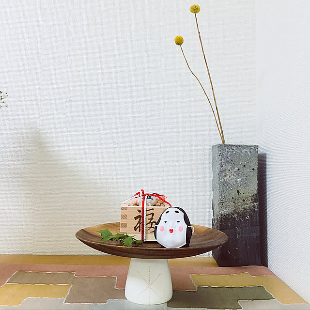 ドライフラワー,湯のみ,無印良品,アカシアプレート,ありがとうございます♡,hana-さんの真似っ子,hinaさんの真似っ子,ヒイラギ,お多福,節分,賃貸でも楽しく♪,zenoさんの帯のテーブルランナー,福は内,My Shelf tokimaの部屋