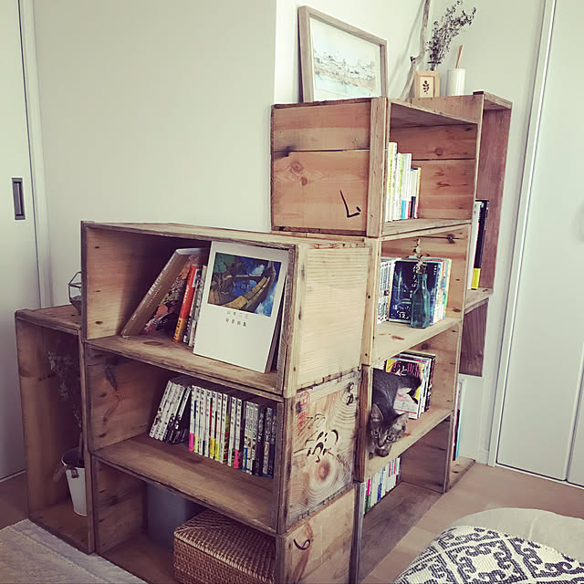 Bedroom,1LDK,ひとり暮らし,りんご箱,本棚,ナチュラル siokenpiの部屋