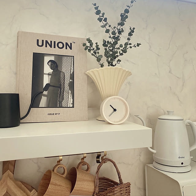 ケトル,ユーカリドライ,Seria 時計,建売住宅diy,建売住宅,DIY,Insta→mii_house_39,キッチンDIY,ホワイトインテリア,キッチン背面棚DIY,海外インテリアに憧れる,Kitchen mii_home_39の部屋
