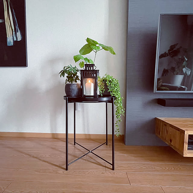 Lounge,浮かせる収納,サイドテーブル,IKEA,賃貸,2LDK,2人暮らし,賃貸でも諦めない！,グリーンのある暮らし,好きな器のある暮らし,バックボードDIY,壁掛けテレビボード,壁紙屋本舗,グラドム　トレイテーブル,アクタス,ランタン akoの部屋