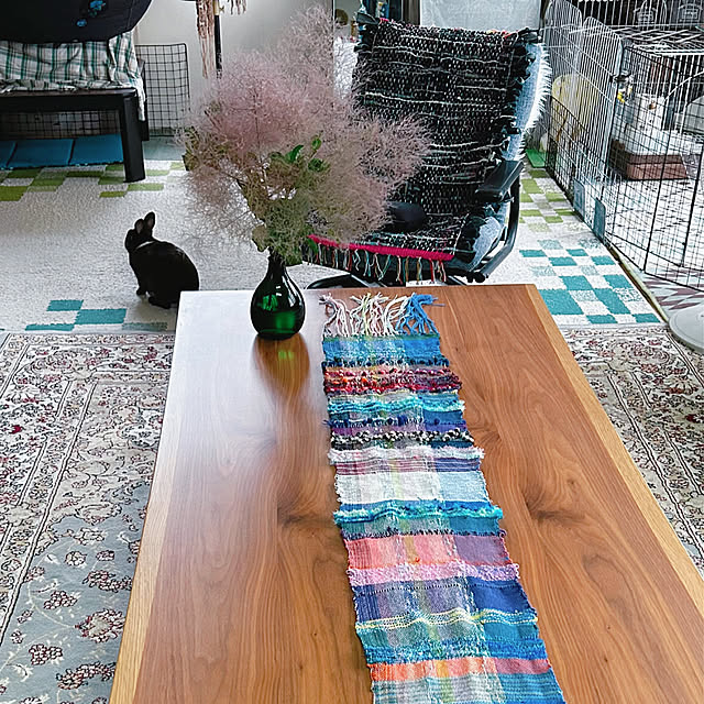 Lounge,うさぎと暮らす,縦細の部屋,縦細の家,ローテーブル,ニトリのテーブル,ニトリ,さをり織りのテーブルランナー,さをり織り,ダイニングテーブル,ハンドメイド,スモークツリー portulacaの部屋