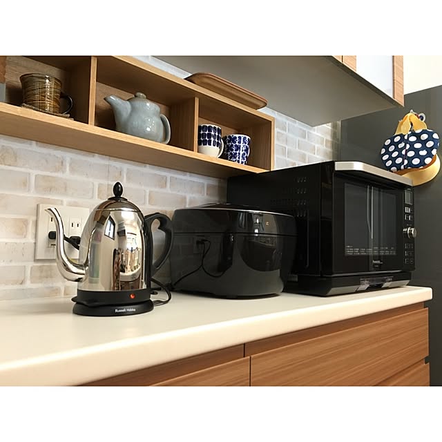 Kitchen,キッチン家電,ロールストランド モナミ,無印良品 壁に付けられる家具,無印良品　,アラビア トゥオキオ,北欧好き,小鹿田焼,ラッセルホブス,ラッセルホブス カフェケトル,TIGER 炊飯器,電子レンジ,Panasonic,Russell Hobbs _sakumasikiの部屋