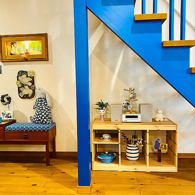 ムーミン,陶板,ミナペルホネン うさぎクッション,キャセロール,ケーラーオマジオ,CDコンポ,階段下,テレフォンベンチ,北欧インテリア,北欧風,北欧,トロファスト,IKEAのおもちゃ箱,北欧ヴィンテージ,My Shelf maric323の部屋