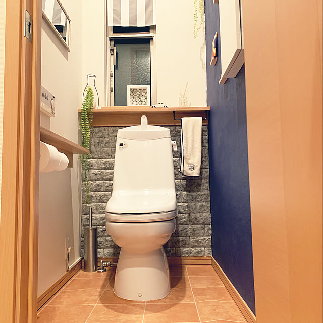 トイレ,イベント参加,Bathroom,DIY,中古住宅,セルフリノベーション,青い壁,ペンキを塗る,イマジンウォールペイント,トイレットペーパーホルダー,ミラー,カインズホーム,テラコッタ風,フロアクッション,壁につけられる家具,無印良品,フェイクグリーン,クッションレンガシート,ダイソー,アイアン,クッションレンガ kaerunoameriの部屋