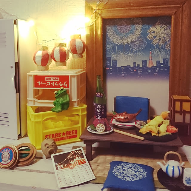 My Desk,おうち夏祭り,夏,セリア,リーメントぷちサンプル,ポストカード,手作り樹脂粘土天ぷら,ミニチュア,フェアリーライト,セリアのロッカー＊ビールケース＊カエル,ライト,ライトアップ,フォトフレーム mikanの部屋