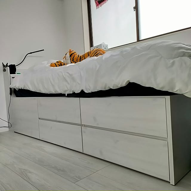 Bedroom,RoomClipショッピング,新生活,すっきり,収納付きベッド,佐藤産業,ホワイトインテリア,木目柄,ホワイトオーク,プリオスJapan,イクタフローリング,IKEA,トラ ya_maの部屋