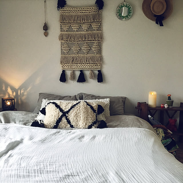 Bedroom,ポンポンクッション,ベニワレンクッション,モロッコ風,ベニワレン,BOHO,remix style,アジアンインテリア,Boho Style,バリ風,バリ風なお部屋,だるまさん,無印良品ベッド Kozueの部屋