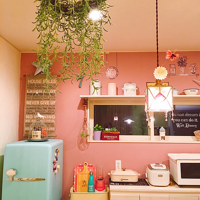 Kitchen,飾り棚,セリア,カラフルな部屋,おうち,ウォールステッカー,英字,愛犬と暮らす家,pop,インテリア,雑貨,水色大好き,カラフル,ペイント,カラフル大好き♡ mari6281216の部屋