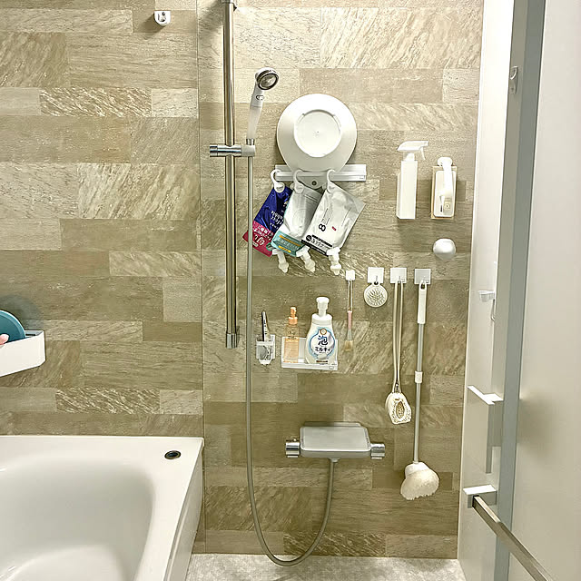 Bathroom,マグネット収納,マグネット,山崎実業 tower,山崎実業,パティオベージュ,アクセントパネル,サザナ,TOTO サザナ,TOTOお風呂,TOTO,インスタ→h___m.z.k h___m.z.kの部屋