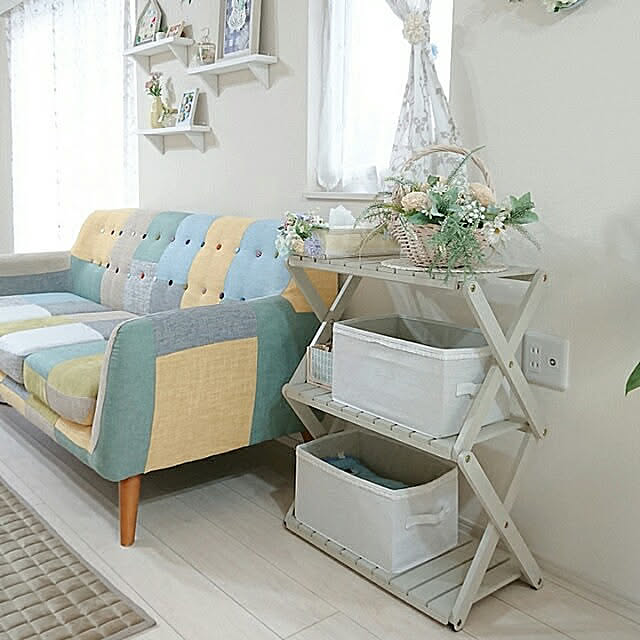 Kitchen,収納,ベルメゾン,ベルメゾンデイズ,簡単に折りたためるラック,ベルメゾンのある暮らし,新生活フェス2021,モニターpicにお付き合い頂き感謝です☆,カラーはベージュ,3段ワイド,幅60×高さ71㎝,犬のいる暮らし,1歳8ヶ月のワンコと暮らす,チワワとマルチーズのMIX,ハンドメイド,リメイク,パッチワークソファー PAOの部屋