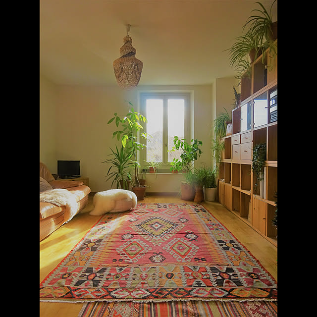 Lounge,観葉植物,ラグ,オールドキリム,キリム,トルコ,BOHO,暖色系,エスニック,モロッカン,ボヘミアンミックス,多国籍,モロッコ,レザーソファ,シープスキン,ペンダントライト,サスペンション,プフ,多国籍インテリア,IKEA Miiiの部屋