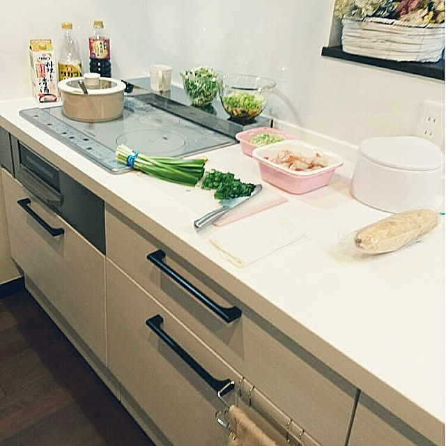 Kitchen,キッチンクロス,落ちワタ混ふきん,料理中シリーズ,無印良品,まな板,ボウルの中の水菜、溢れました,目測誤った,この後、違うボウルに移しました,キッチンタオル,衛生的に tata-kukuの部屋