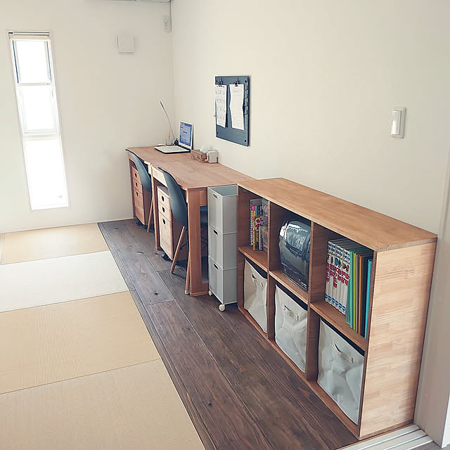 Overview,和室,DIY,オイルステイン,スタッキングシェルフ,ランドセルラック,ランドセル置き場,キシラデコール,ジャストフィット,ナフタデコール,無印良品,子供部屋,庭,カフェ風,床,カフェ,小学生,勉強机 dacco7369の部屋