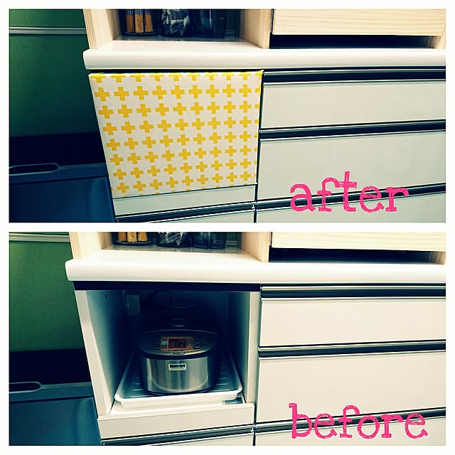 Kitchen,ファブリックパネル,スタイロフォーム,炊飯器,賃貸でも楽しく♪,いつもいいねありがとうございます♡,マグネット,隠す派,隠す収納 popotarojunの部屋