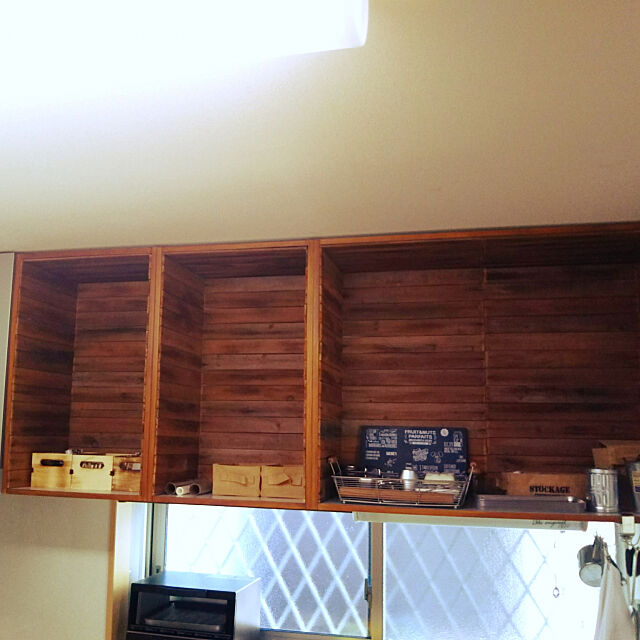 Kitchen,オープン収納,廃材利用,吊り戸棚収納,DIY haniwaの部屋
