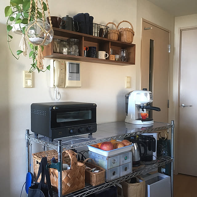 RoomClipショッピング,おうち見直しキャンペーン,好きなものに囲まれて暮らす,帰りたくなる家,1Rマンション,観葉植物,壁につけられる家具,一人暮らし,ポトス,賃貸でも諦めない！,自作プラントハンガー,Kitchen snowbootsの部屋