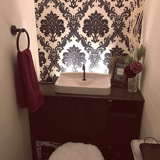 Bathroom,ワインレッド,DIY,ダマスクス柄 kuuの部屋