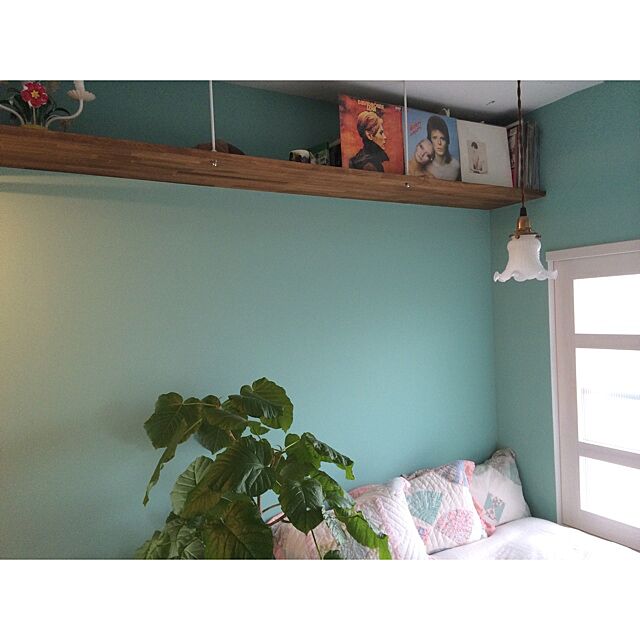 Bedroom,収納,吊り棚,リノベーション,カラフルな壁,窓枠,植物,ウンベラータ,狭い部屋 kurobarの部屋