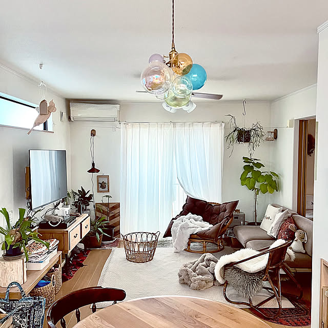 Lounge,パパサンチェア,秋色インテリア,グリーン,ラグ,ラタンチェア,トライバルラグ,植物のある暮らし,ボタニカルインテリア,いぬと暮らす,お久しぶりです( ‾ʖ̫‾),秋 HAKOの部屋