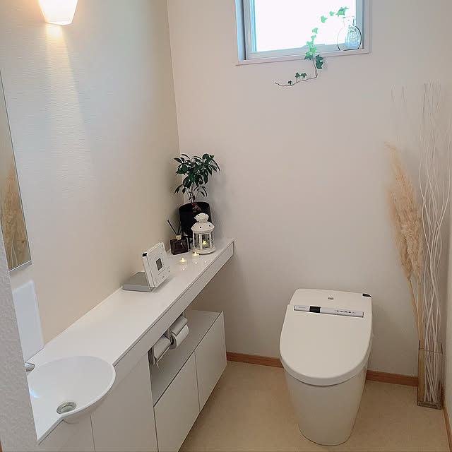 トイレリモコン,トイレの壁,toilet,手洗いカウンター,アクセントクロス,トイレ,トイレインテリア,IKEA,パンパスグラスドライ,グリーンのある暮らし,ホテルライクなトイレ,ホテルライク,タンクレストイレ,TOTOトイレ,TOTO,トイレのインテリア,Bathroom moooの部屋