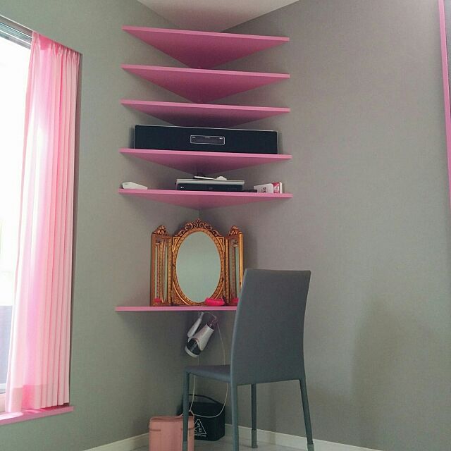 My Shelf,三角コーナー,造作棚,壁紙,オーディオ,ピンク×グレー ERIの部屋