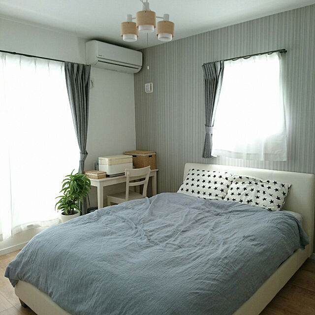 Bedroom,グレーインテリア,ニトリのカーテン,ニトリのベッド,ニトリのベッドリネン,ニトリだらけ comiの部屋