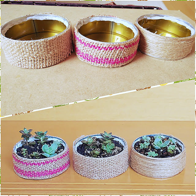 Overview,10分でできる,100均アイテム,DIY,多肉植物,たにく用にリメ缶つくった,あき缶リメイク‼,麻袋,癒し,空き缶リメイク初挑戦♪ akiwaka-roomの部屋