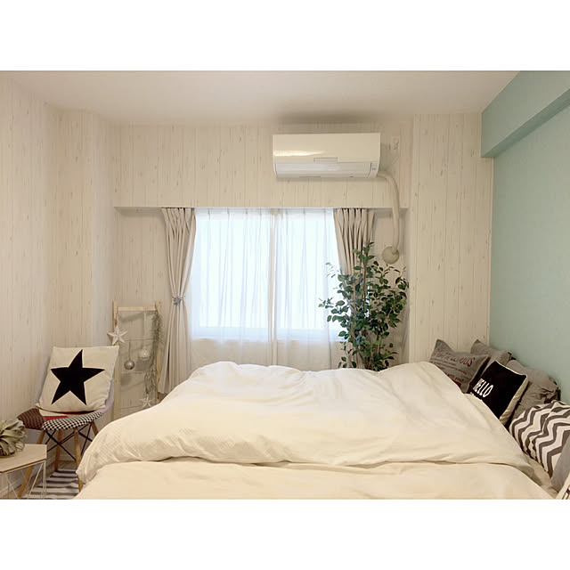Bedroom,ラダーＤIY,寝室,サンゲツ,マンションインテリア,西海岸インテリア,らくらく楽天リフォーム,子どもと暮らす,after,西海岸風,いいね、フォロー本当に感謝デス☺︎,キャベツボックスDIY,モニター当選,アクセントクロス,リフォライフ,壁紙,モニター報告 kiyoの部屋