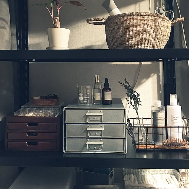My Shelf,書類ケース,さんかくフラスコ,スチールラック,アングルラック,塩系,塩系インテリアにしたい,塩系インテリアに憧れる,3COINS,無印良品,ビーカー,フェイクグリーン,100均,ダイソー,賃貸 mikiの部屋