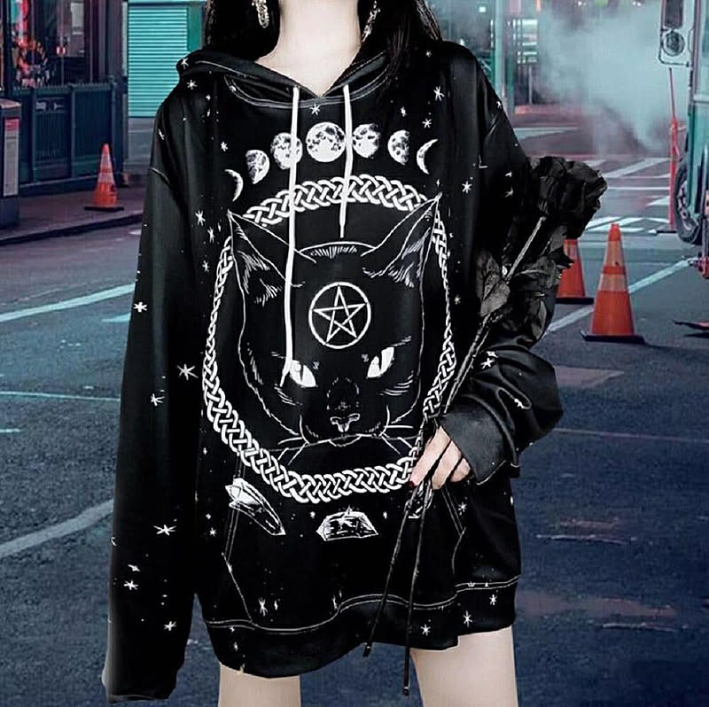 パーカー 黒猫 五芒星 チェーン 月 星 ムーン スター Star 夜 猫 ネコ 闇 病み 韓国ファッション 韓国 オルチャン 韓流 ゴシック ゴスロリ 十字架 クロス 通販 Roomclipショッピング