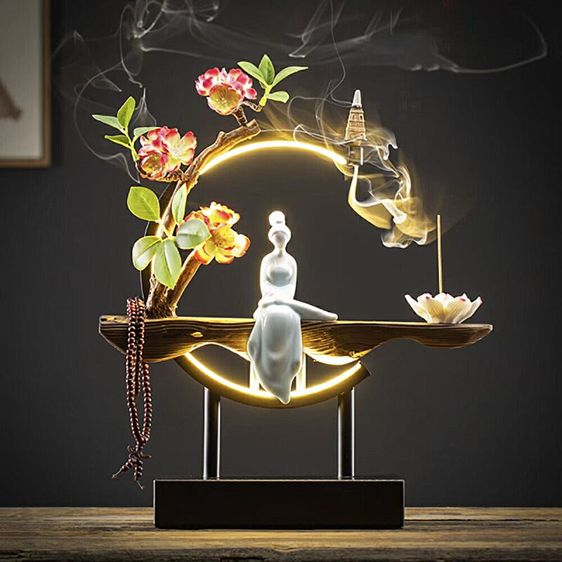 お香立て LED 花 座る 女神 木製 数珠 ライト 幻想 インテリア 置物