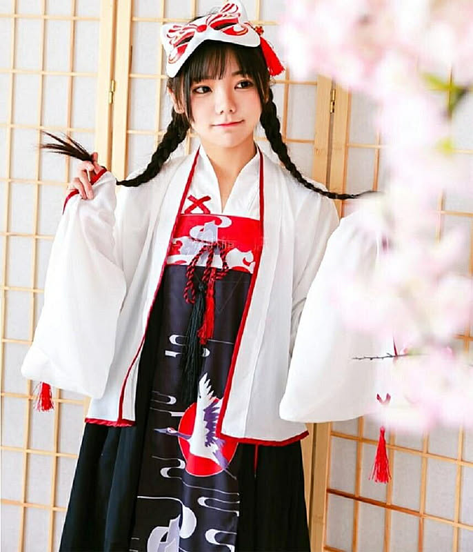 ワンピース 巫女風 鶴柄ワンピース ホワイト 韓国ファッション 羽織 膝丈 上下セット 和風ドレス ゴスロリ ドレス ロリータ Lolita メイド服 コスプレ 通販 Roomclipショッピング