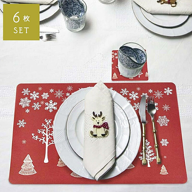 クリスマス 赤 ランチョンマット 6枚セット コースター6枚付き サンタ クリスマスカラー ディナー 食事 ランチ テーブル デコレーション 
