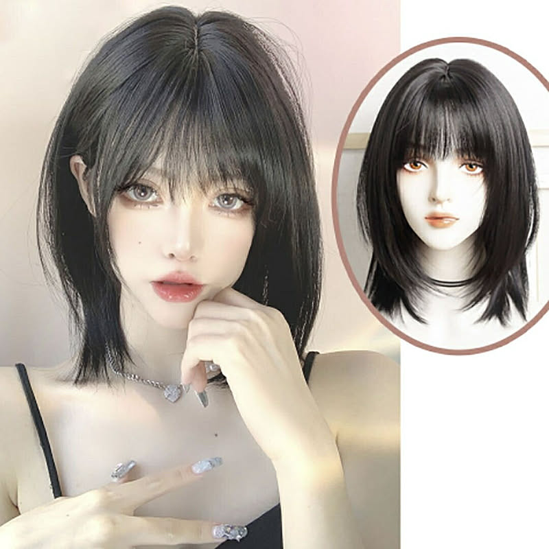 ウィッグ ブラック ミディアム セミロング ネット付き 黒髪 黒ヘアー