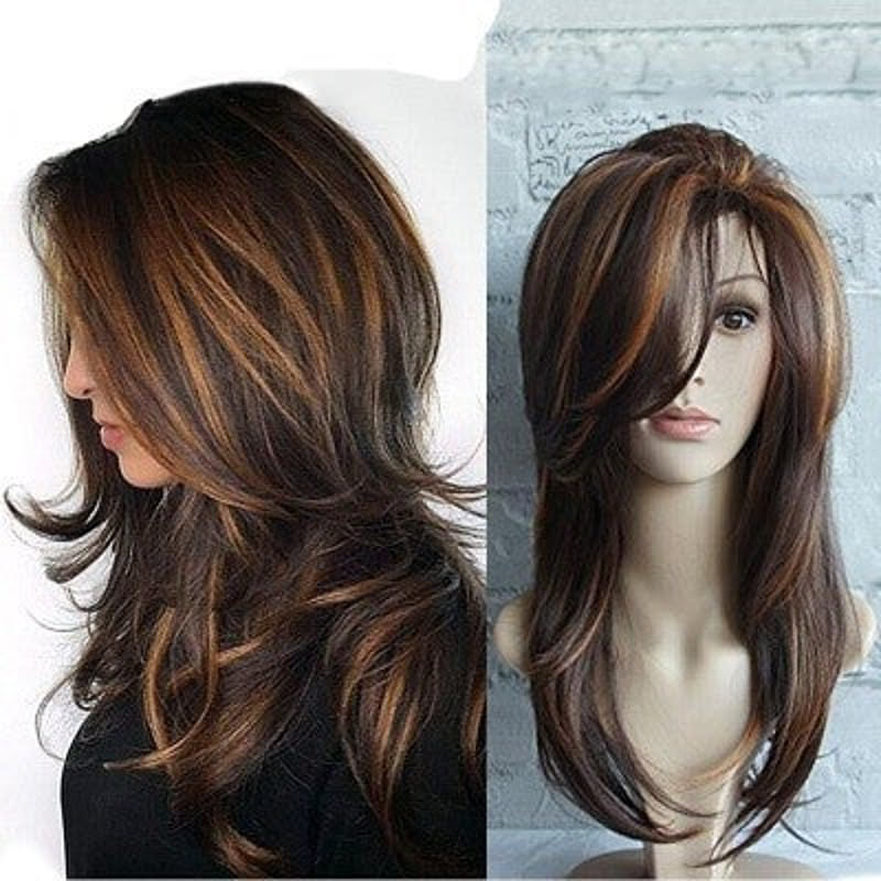 ダークブラウン フルウィッグ ダークブラウン ミックスカラー ウィッグ