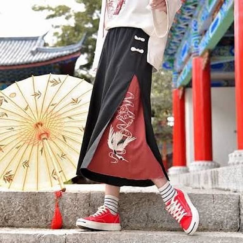 QutieFrash 8分丈袴風パンツ ジャガード 花柄 和柄 ゆったり 手洗可
