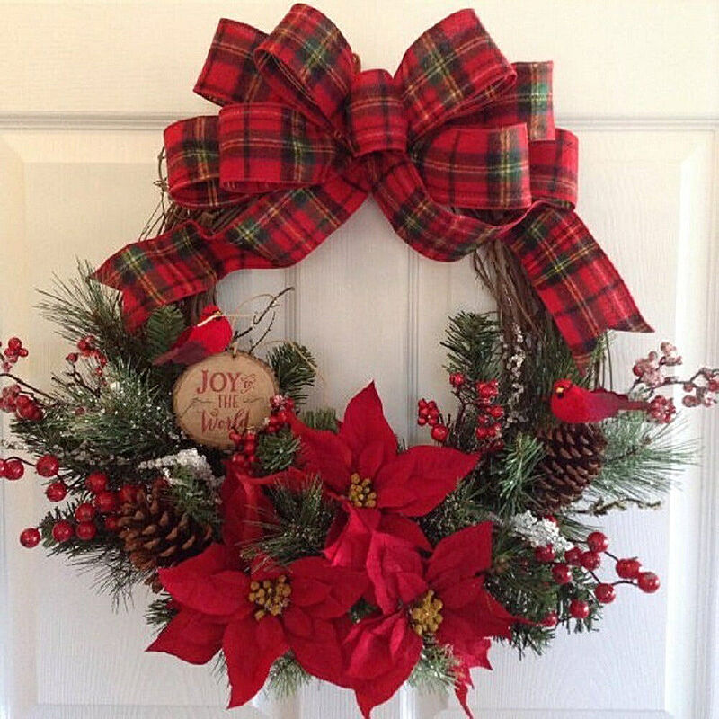 クリスマスリース 35cm×35cm リボン色 赤 造花フラワー 玄関ドア装飾