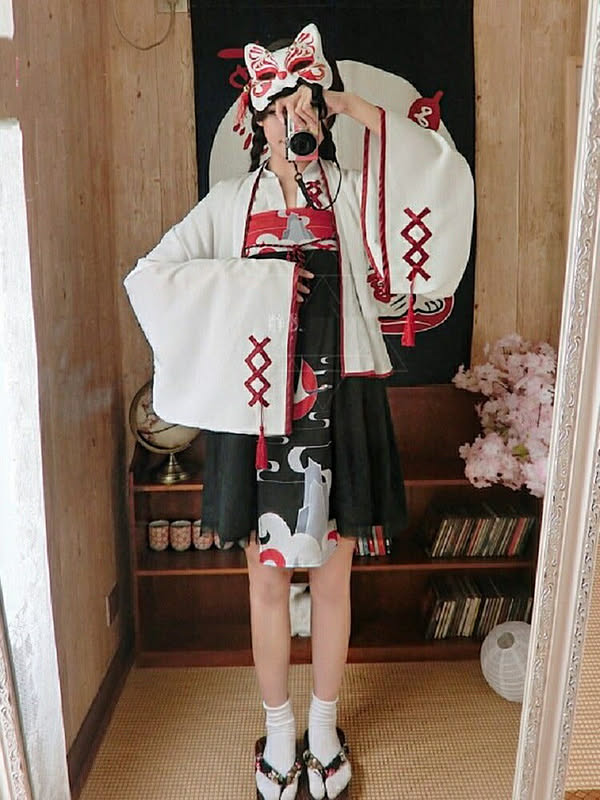 ワンピース 巫女風 鶴柄ワンピース ホワイト 韓国ファッション 羽織 膝丈 上下セット 和風ドレス ゴスロリ ドレス ロリータ Lolita メイド服 コスプレ 通販 Roomclipショッピング
