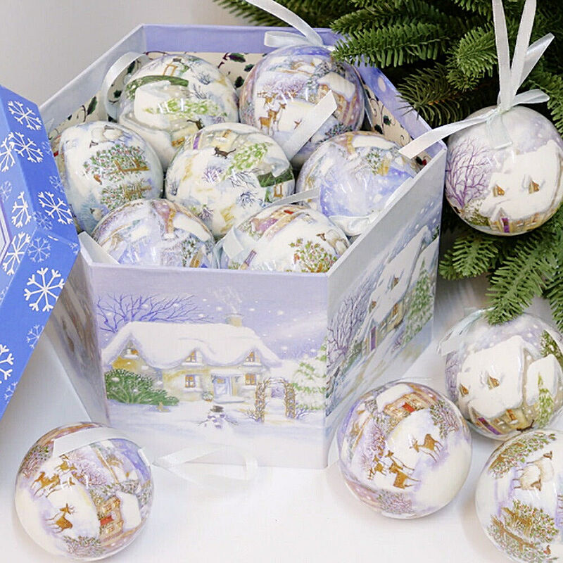 クリスマス オーナメント クリスマスボール  箱付き 柄付き 14個セット リボン付き デコレーション モール 雪の結晶 ふわふわ 雪だるま