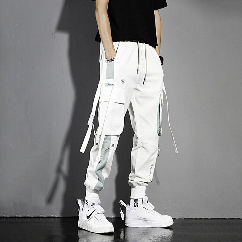 カーゴパンツ ホワイトライン 紐 韓国ファッション ストレートパンツ メンズ サイズ ポケット付き ホワイトパンツ ダンス ウエスト バイク